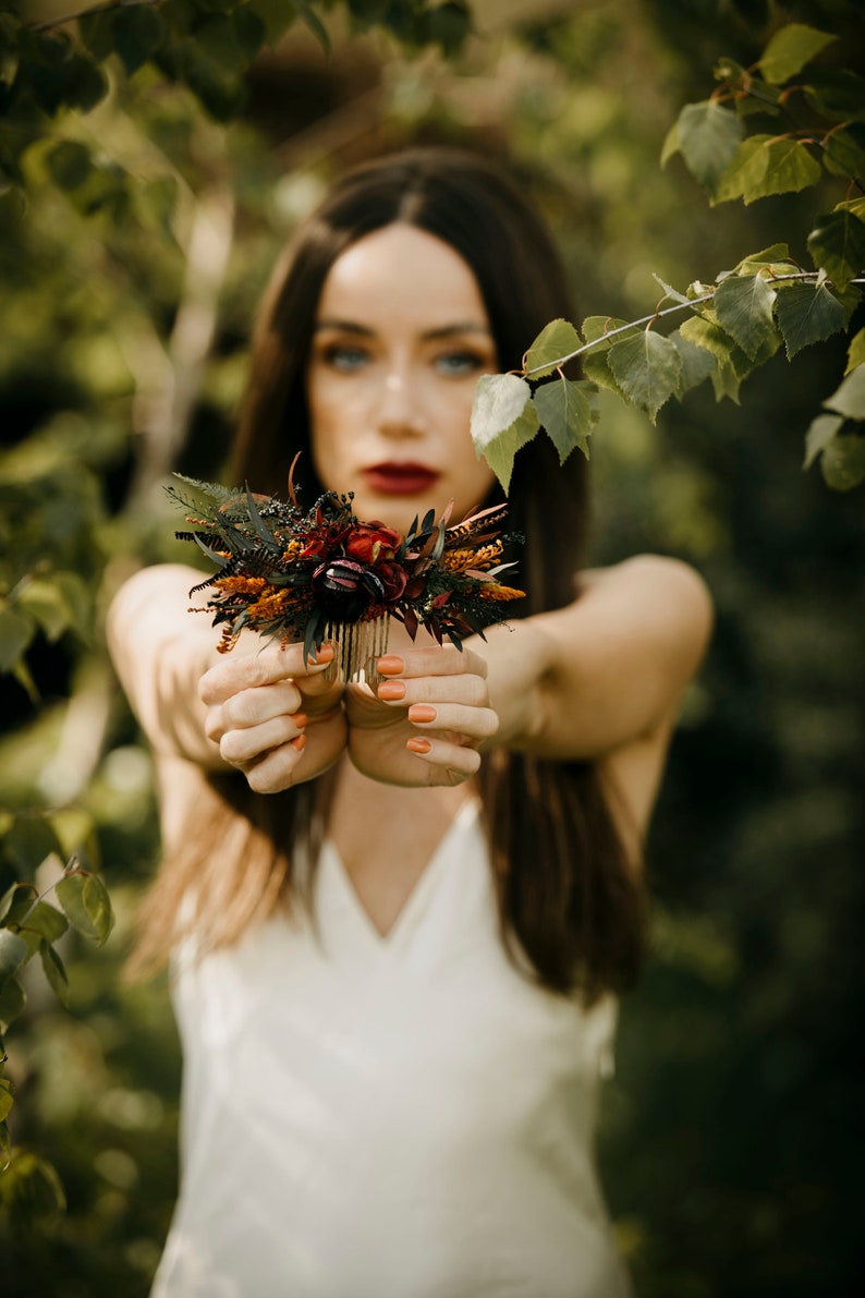 HAYLANA comb Dark burgundy red plum burnt orange black tones with preserved eucalyptus / Bridal piece boho wedding / Bride or bridesmaids zdjęcie 4