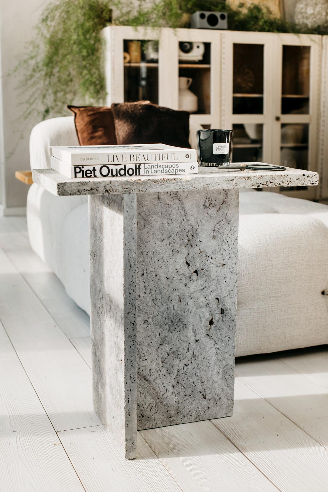 JAZZAL L Stone Table / Grey Tones, Minimalist Natural Travertine ...