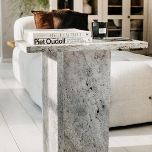 JAZZAL l Stone table / Grey tones, minimalist natural travertine bedside/sofa-side/livingroom/coffee table