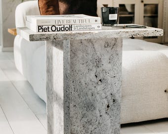 JAZZAL l Stone table / Grey tones, minimalist natural travertine bedside/sofa-side/livingroom/coffee table