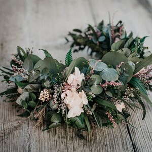 EUCALYPTUS half-wreath | Greenery organic minimal preserved eucalyptus with pink hydrangea / floral crown for a bride / wedding floral boho