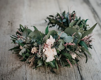 EUCALYPTUS half-wreath | Greenery organic minimal preserved eucalyptus with pink hydrangea / floral crown for a bride / wedding floral boho