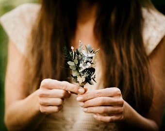 Ojal MIURRA / Ramillete de novios boho minimalista de eucalipto blanco marfil verde, plantas preservadas / Ramo de boda para novios