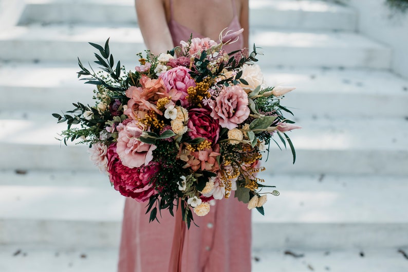 Pink yellow ivory flower bouquet Boho floral wedding greenery bunch for bride Wild bridal bohemian with preserved eucalyptus ZARQA