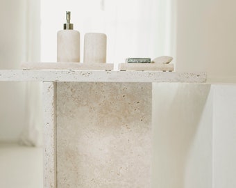 JAZZAL l Stone table / Ivory tones, minimalist natural travertine bedside/sofa-side/livingroom/coffee table