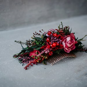 ROSE Red floral burgundy comb / Bridal hair piece for a boho wedding / Flower hair vine for a bride / Wedding floral hair piece image 2