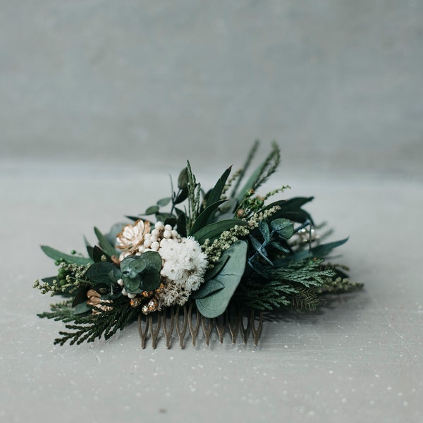 EUCALYPTUS medium comb | Preserved eucalyptus floral comb with golden-silver-white tones / Bridal hair piece boho wedding /Flower vine bride