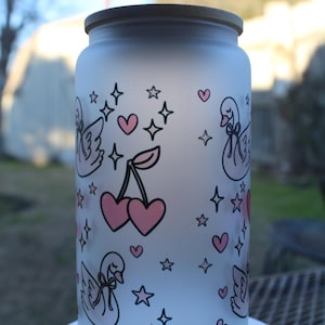 Swan Cherry Hearts Iced Coffee Cup, Valentines Day Swan Hearts, Cherry Cup, Coquette Glass Cup, Pretty Iced Cup