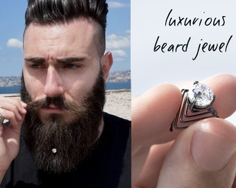 Luxurious crystal sparkles like a diamond in the beard hair, unique 18K gold-plated jewelry for a bearded man