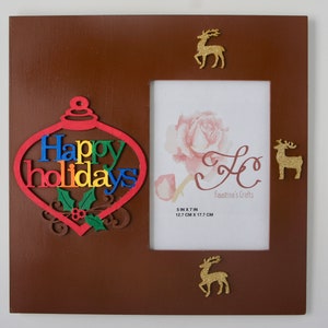 Rustic &quot;Happy Holidays&quot; Christmas Photo Frame with Ornament & Reindeer Decor