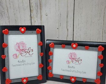 Heart Button Picture Frame: Black Gingham Ribbon Decor, Valentine's Gift