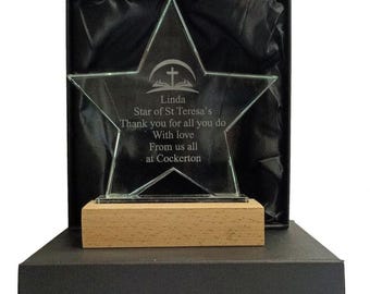 Personalised Jade Glass Star Trophy Award With Wooden Base  - Available in 4 Sizes - Engraved