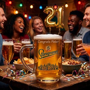 May include: A large glass beer mug filled with golden beer and white foam, featuring the Staropramen logo, a Prague skyline illustration, and the text 'Congrats Peter!' printed on the front, sitting on a wooden table with party confetti.