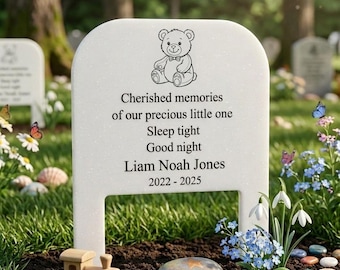 Personalised Childrens Head Stone Grave Marker Memorial Plaque Ground Stake with Teddy Design Engraved