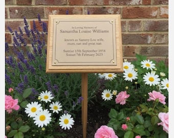 Personalised Solid Oak Wooden Grave Marker Memorial Plaque With Ground Stake Engraved
