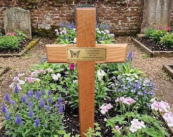 Personalised Memorial Cross Solid Oak Wooden Grave Marker With Ground Stake With Image Engraved
