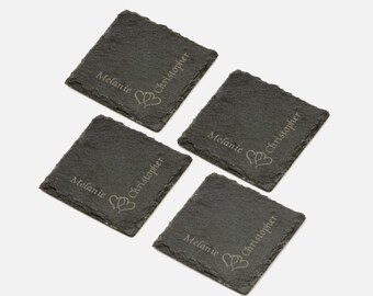 Personalised Set of 4 Slate Coasters, Wedding Valentines Gift Engraved with Hearts