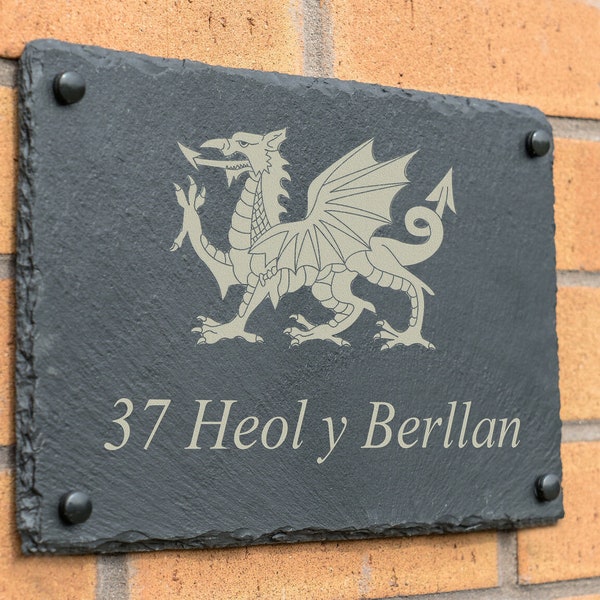 Engraved Rectangular Welsh Dragon Slate Outdoor House Home Sign Plaque Personalised