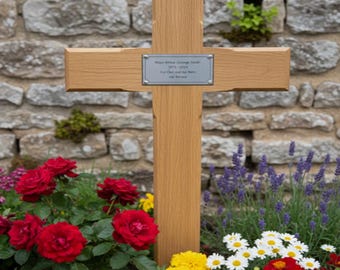 Personalised Memorial Cross Solid Oak Wooden Grave Marker With Ground Stake Engraved