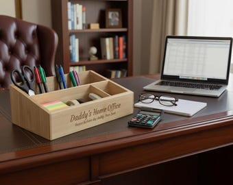 Personalized Multi-Compartment Bamboo Desk Tidy Pen Holder Engraved