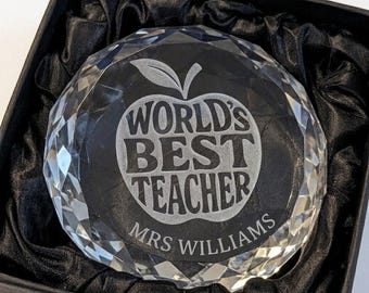 Engraved Worlds Best Teacher Crystal Cut Glass Paperweight Personalised
