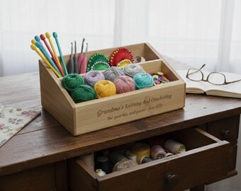 Personalized Multi-Compartment Knitting And Crochet Bamboo Organizer Engraved