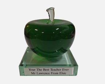 Personalised Optical Crystal Green Apple Paperweight, Teachers Gift Engraved