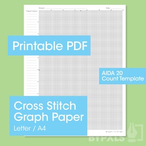 May include: Printable cross stitch graph paper template for AIDA 20 count fabric. The template is 7 inches by 10 inches and includes a space for project details and thread colors.