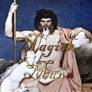 May include: A painting of a man with a beard and a woman kneeling in front of him. The man is wearing a pink robe with gold trim and the woman is wearing a blue and white dress. The man is holding a staff and the woman is holding his hand. The painting has a blue and white background with clouds. The text 'Magick Man' is written in gold letters in the center of the painting.