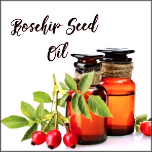 May include: Two amber glass bottles with dark stoppers wrapped in twine, accompanied by a green stem with three bright red rosehips. The text Rosehip Seed Oil is printed in black script above the bottles against a plain white background.