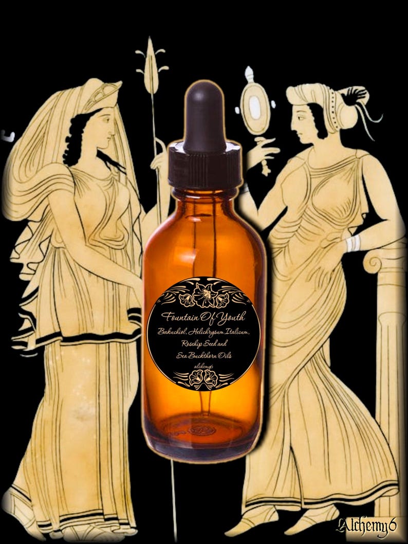May include: An amber glass dropper bottle with a black cap and a circular label. The label features the text Fountain Of Youth, Bakuchiol, Helichrysum Italicum, Rosehip Seed and Sea Buckthorn Oils, and alchemy6, surrounded by floral illustrations.