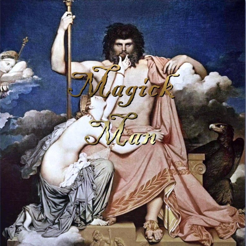 May include: A painting of a man with a beard and a woman kneeling in front of him. The man is wearing a pink robe with gold trim and the woman is wearing a blue and white dress. The man is holding a staff and the woman is holding his hand. The painting has a blue and white background with clouds. The text 'Magick Man' is written in gold letters in the center of the painting.