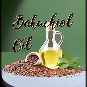 May include: A clear glass carafe filled with golden yellow oil, positioned next to a small wooden bowl and a pile of brown seeds. The text Bakuchiol Oil is displayed in black script, and the word Alchemy6 appears in the bottom right corner.
