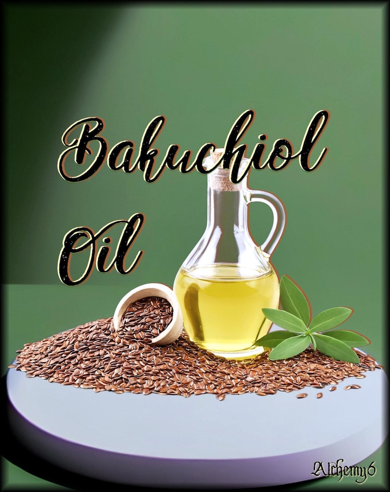 May include: A clear glass carafe filled with golden yellow oil, positioned next to a small wooden bowl and a pile of brown seeds. The text Bakuchiol Oil is displayed in black script, and the word Alchemy6 appears in the bottom right corner.