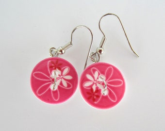 Handmade Pink Flower Button Earrings Nickle Free