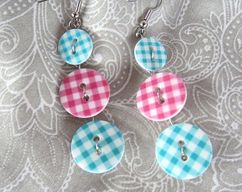 Pink and Blue Gingham Button Earrings Nickel Free