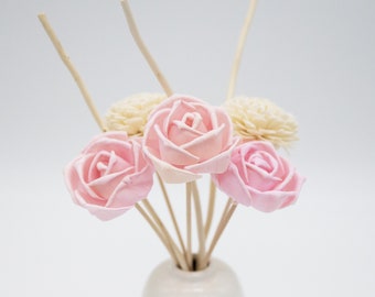 7 Pcs Set (3 Roses and 2 Dahlias) with 3 Willow Branch Sticks Oil Reed Diffuser Replacement Sola Flowers