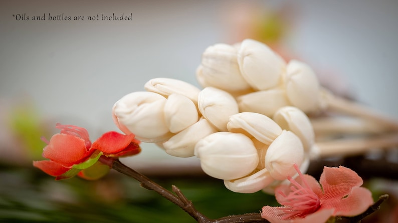 May include: A close-up of a bouquet of white artificial flowers with a stem and a small pink flower in the background.