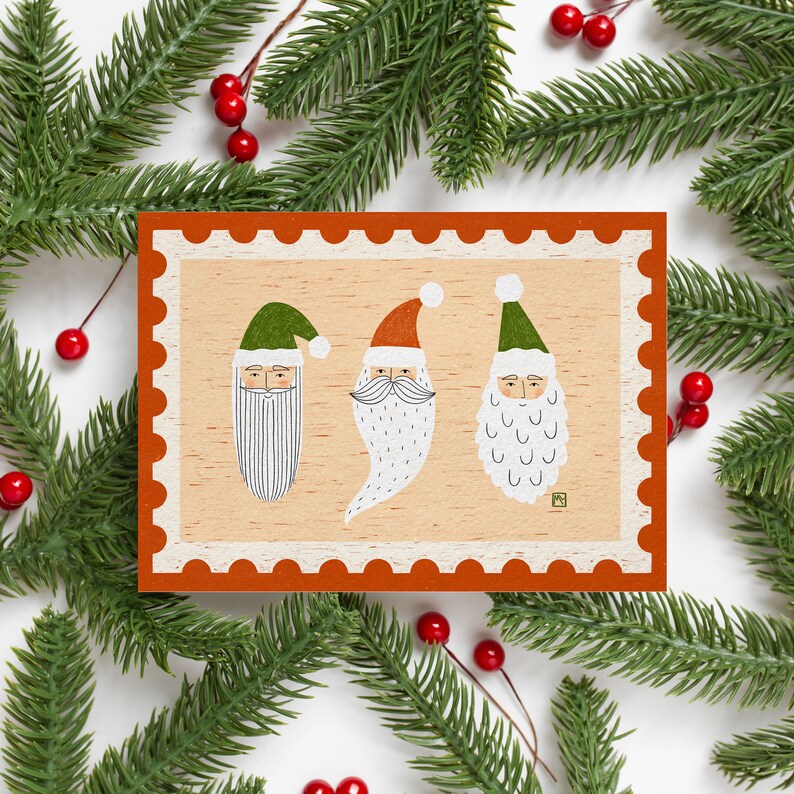 Carte de vœux // Timbre Famille Santa 5 cartes identiques
