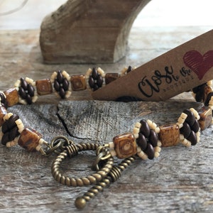 Handmade Beaded Caramel Brown Travertine Czech Tiles, Chocolate Brown Superduos, Cream Seed Bead Bracelet