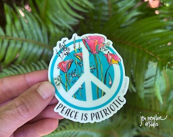 Pegatina "La paz es patriótica", 3x2.6"; pegatina de vinilo, símbolo de la paz, amapolas (azules o amarillas).