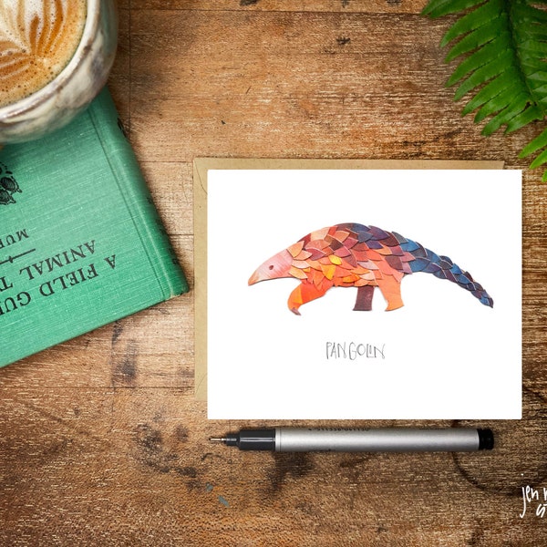 Pangolin greeting card; illustration; acrylic collage card with envelope