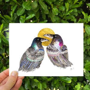 Ravens and gold leaf moon 5x7 or 8x10 print; wildlife illustration; animal art print
