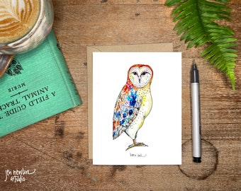 Barn owl greeting card; owl illustration; watercolor blank card with envelope