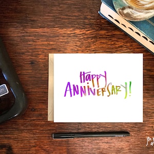 Happy anniversary, greeting card; hand lettering; blank card with envelope