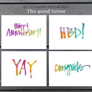 Bons moments—ENSEMBLE de 4 cartes de vœux—Lettrage arc-en-ciel, cartes vierges avec enveloppes—Joyeux anniversaire, HBD, yay, félicitations