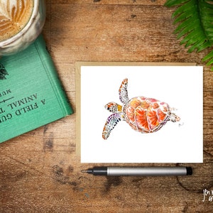 Biglietto di auguri della tartaruga marina; illustrazione della fauna selvatica; carta acquerello con busta
