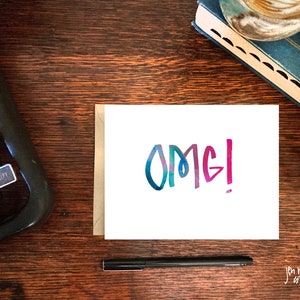 OMG, biglietto di auguri; lettering a mano; carta vuota con busta