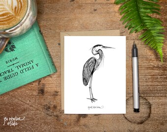 Great blue heron greeting card; line drawing blank card with envelope