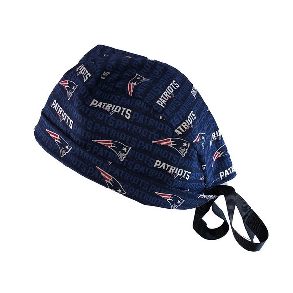 New England Patriots Small Print NFL Tie Back Scrub Cap, Nurse Hat With or Without Ponytail Holder.